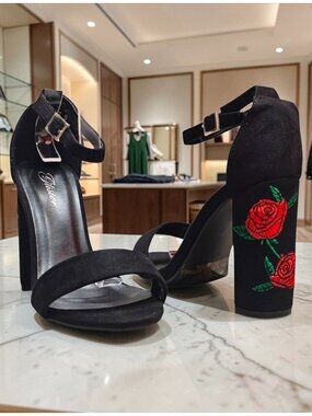 Black Faux Suede Block Heel Sandals With Rose Embroidery & Ankle Strap